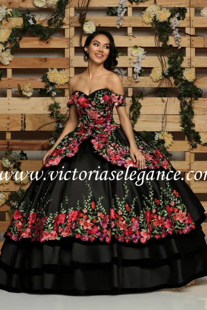 Black charro dress with roses