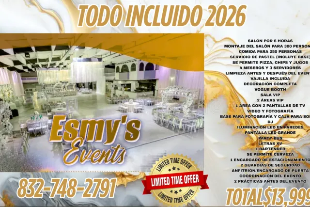 Esmys Events Reception Hall todo incluido paquetes 2026 houston