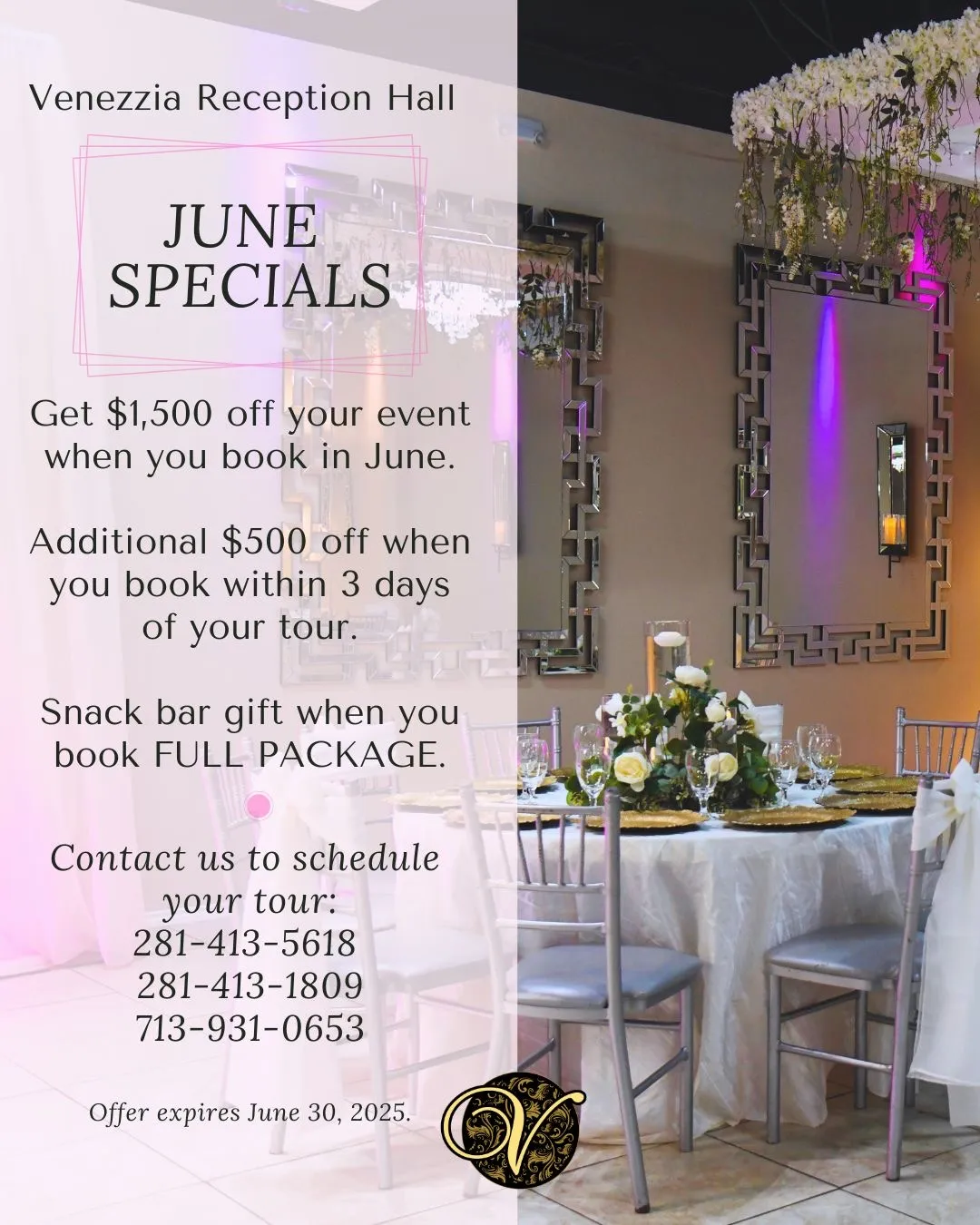 venezzia reception hall june specials 2025