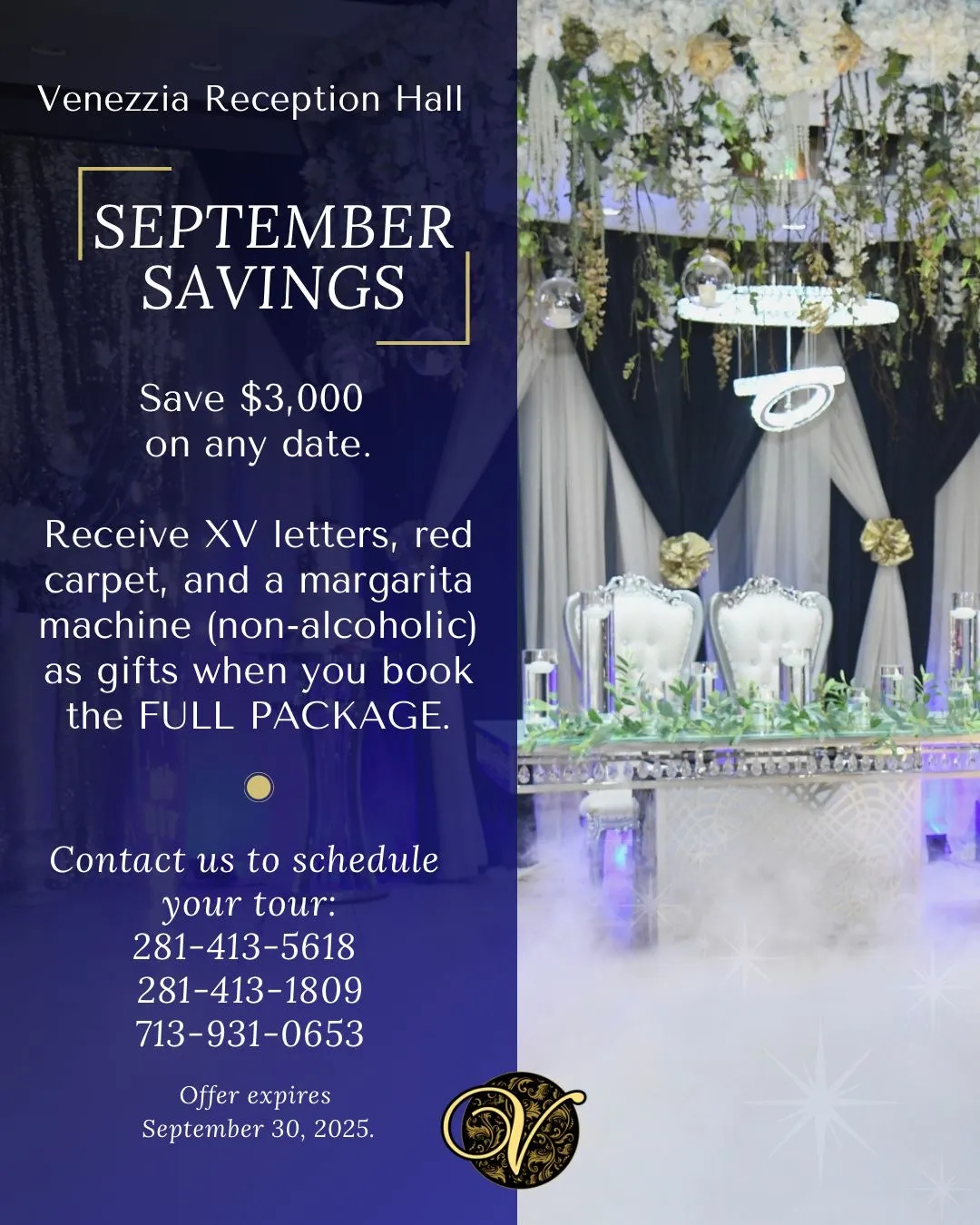 Venezzia Reception Hall September Specials